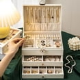 thumbnail image 3 of Ladies' Jewelry Box, Girls' Gift, (White) Large Home Jewelry Storage Box with Removable Tray, Three Layer PU Leather Velvet Display Ring Jewelry Rack Necklace Earrings Bracelet, 3 of 5