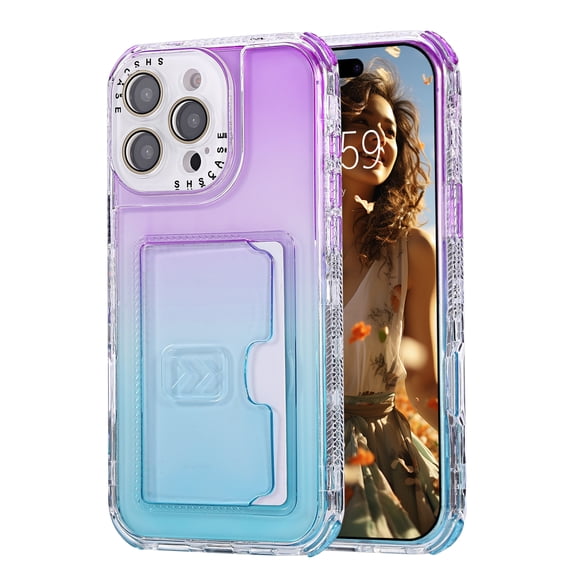 Allytechgroup Stylish Phone Case for Apple iPhone 16 Pro Max, Gradient Color Back Cover with Card Holder Anti-Scratch Protection TPU Slim Fit Rugged Wallet Case for iPhone 16 Pro Max, Purple Blue