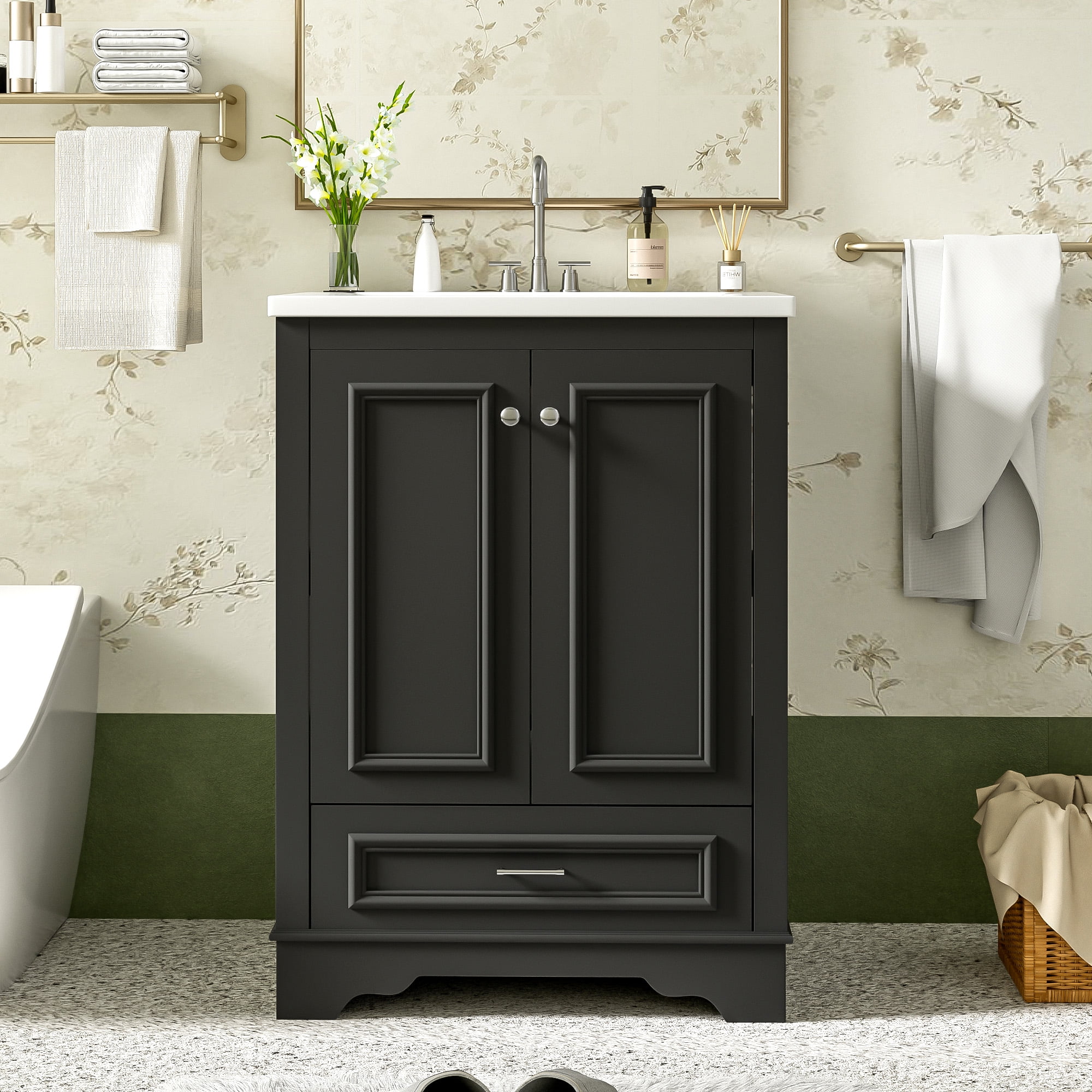 Euroco 24" Bathroom Vanity with Sink, Modern Bathroom Cabinet with Ceramic Basin & Adjustable Storage, Solid Wood Frame Vanity
