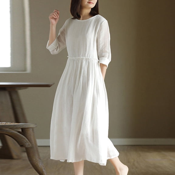 Women's Cotton Dress, Round Neck Loose Short Sleeve Dress, Casual and Comfortable Everyday Dress for Women