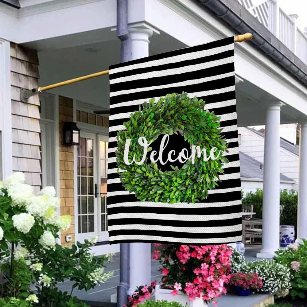 Boxwood Wreath Welcome House Flag 28 x 40 Inch Large Vertical Double Sided Black and White Stripes Background Seasonal Outside Décor for Garden Yard Farmhouse Flags