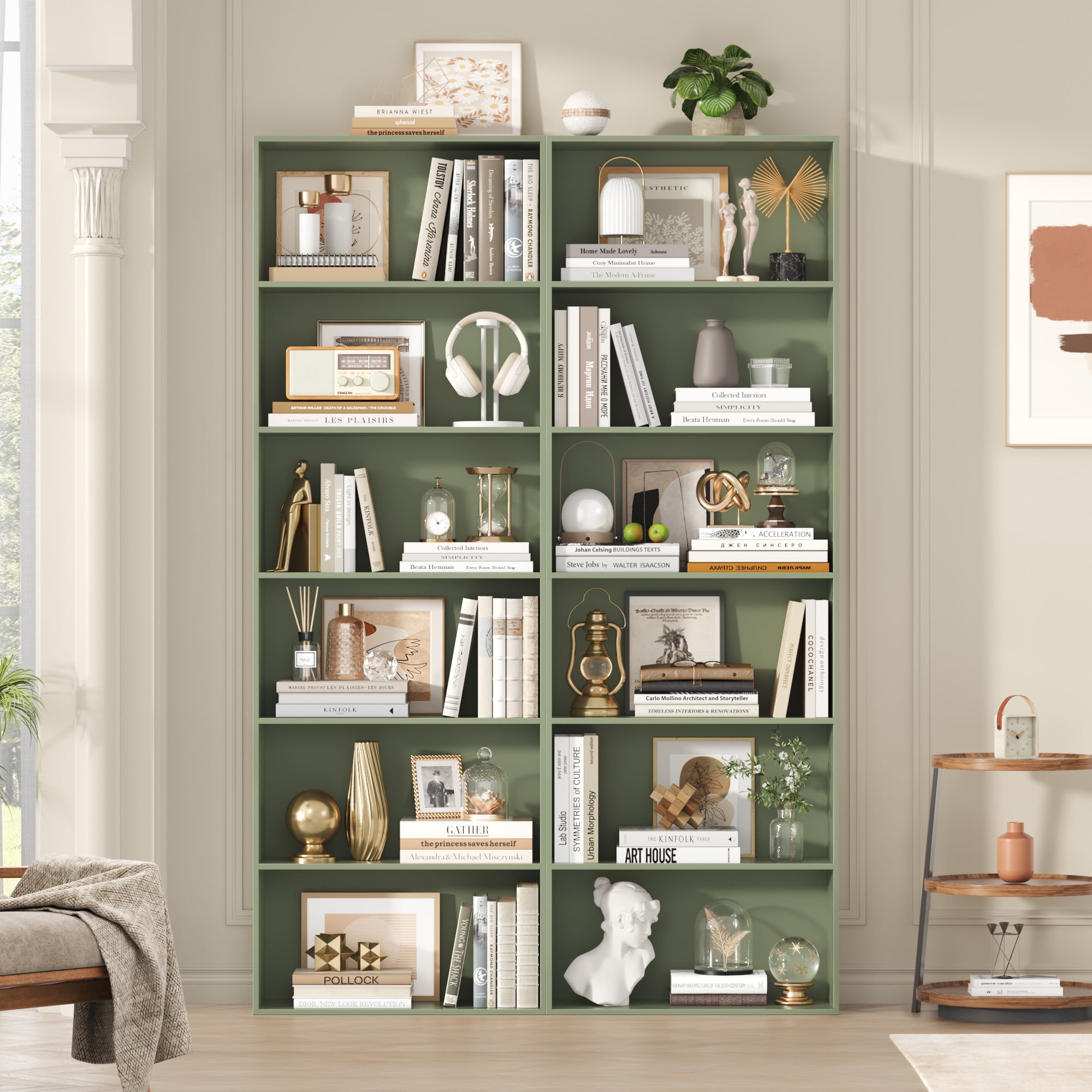 Homfa 6 Tier Tall Bookshelf and Bookcase, Wooden Bookcase Display Shelf for Living Room Home Office Library Storage, Green