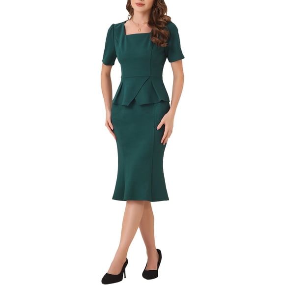 Conjunto de blusa peplum y falda INSPIRE CHIC para atuendo de negocios de mujer, top de cuello cuadrado, manga corta, falda ajustada de cola de pez, XS, verde oscuro