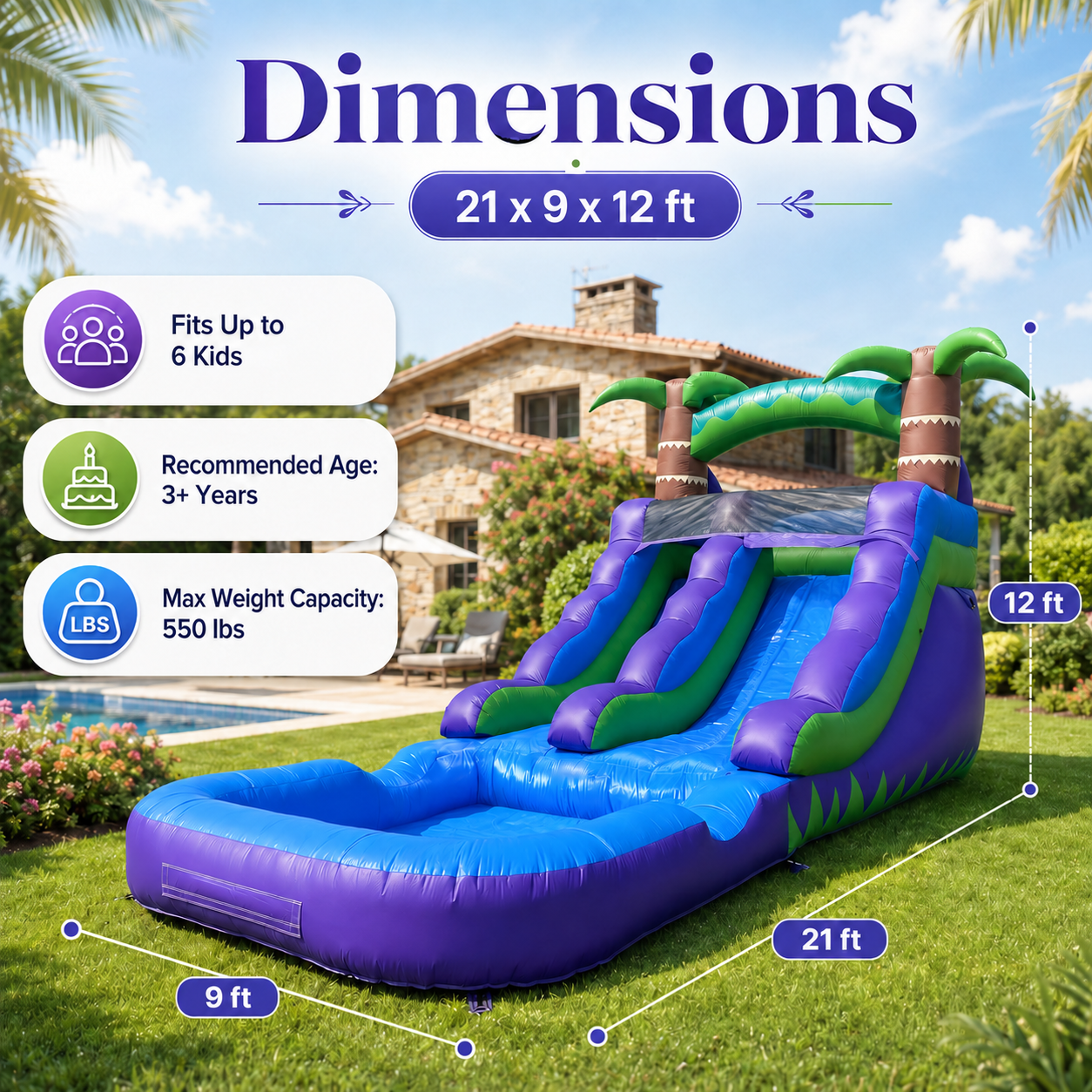 21ft Commercial-Grade PVC Inflatable Water Slide with Splash Pool & Blower, Wet/Dry Backyard Water Slide for Kids Summer Parties, Blue & Purple