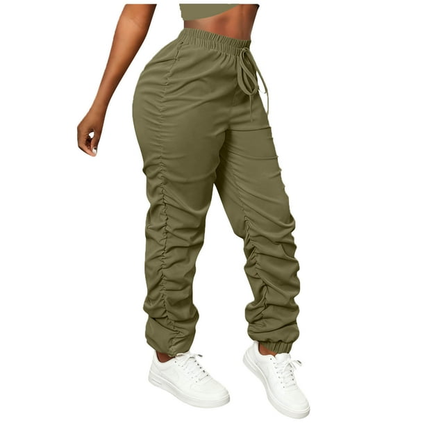 Amzcrzy Pantalones Cargo Mujer Color Liso Ligeros Senderismo Detalle Fruncido Cintura Elástica Cordón Cómodos Jogging Tallas S-2XL Verde