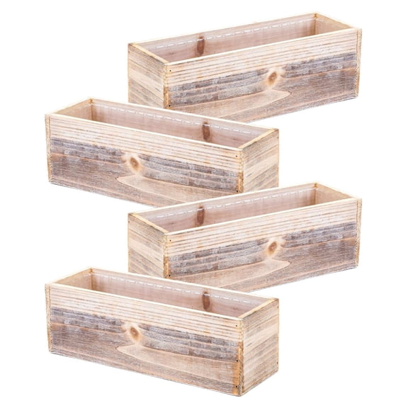Wood Planter Box Set, Rustic Whitewash, Plastic Liner, 12x4 Inch Rectangular Flower Holder, Natural Wood Decor, Country , Home and Wedding Decorations, Garden Ornaments (Set of 4)