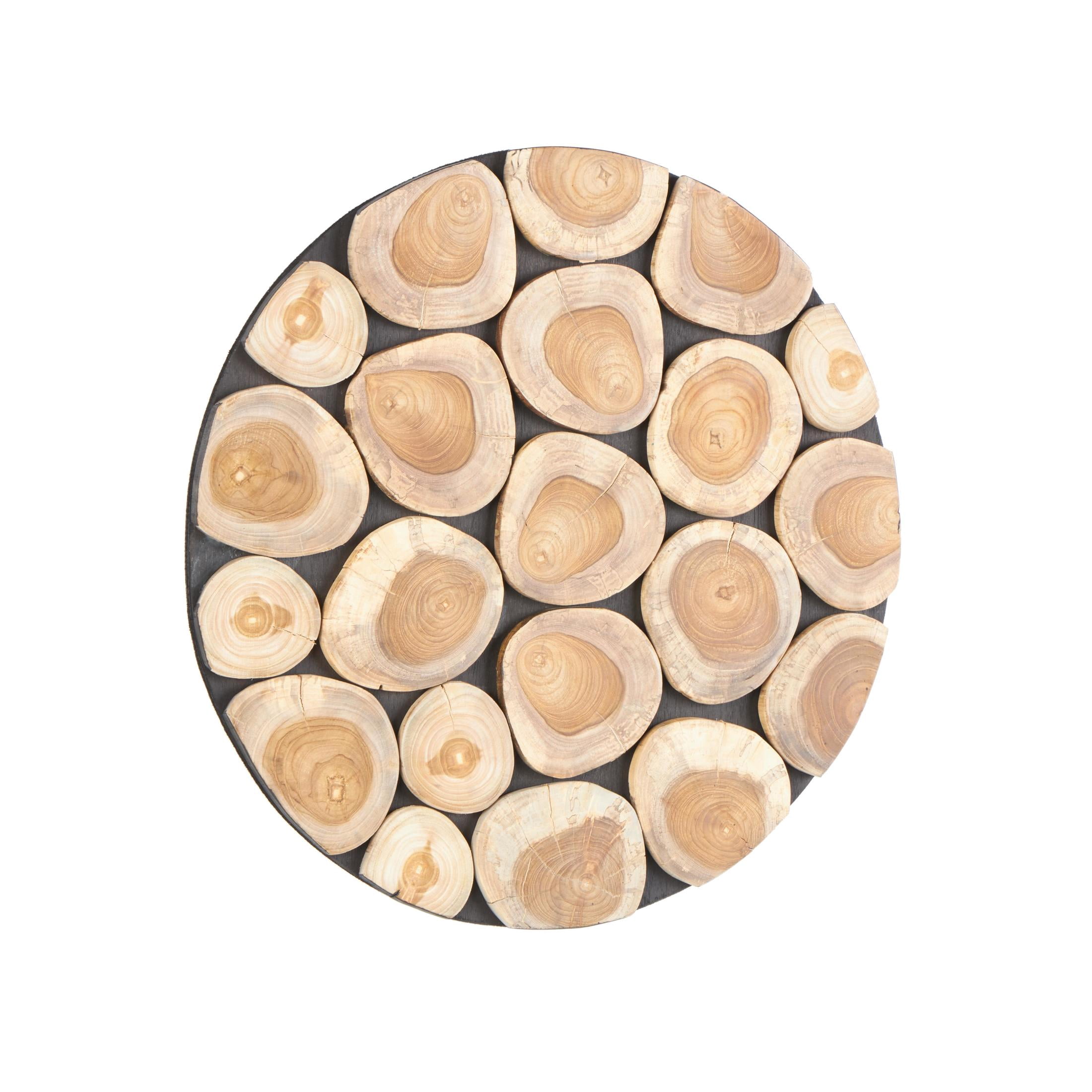 DecMode Brown Teak Wood Handmade Round Mosaic Inspired Wood Slab Abstract Wall Decor with Black Backing
