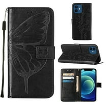 Decase iPhone 12 Case, Butterfly Patterned Wallet Case, Magnetic Folio Faux Leather with Wrist Strap Credit Card Holder Slots Kickstand Protective Cover For iPhone 12, Black