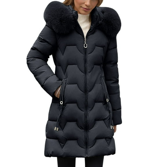 Cnbwig Parkas for Womens Fashion Shirts Mid Length Winter with Detachable Hood Waist Drawstring Warm Thickened Padded Coat Solid Color Ladies Winter Parkas Black L