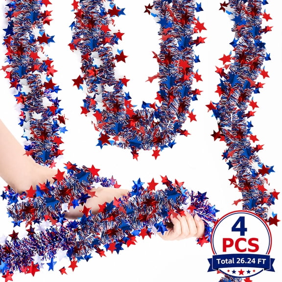Kabuer 4th of July Patriotic Hanging Tinsel Garland Red White Blue Hanging Decoration for Independence Day Patriotic Party Total  26.2.4ft