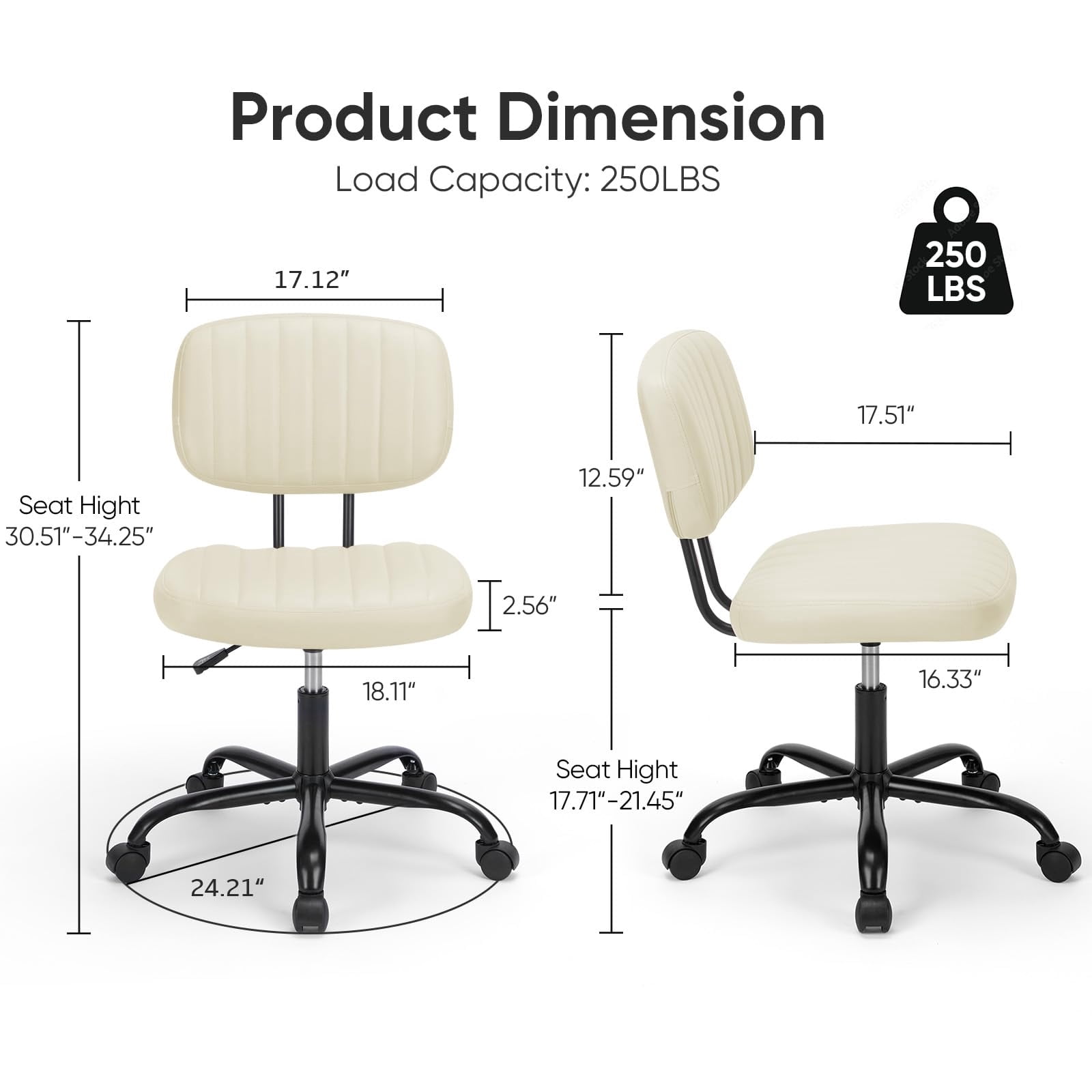 Telyra Armless Office Chair Adjustable PU Leather Desk Chair with Wheels Padded Low-Back Swivel Vanity Chair, Beige