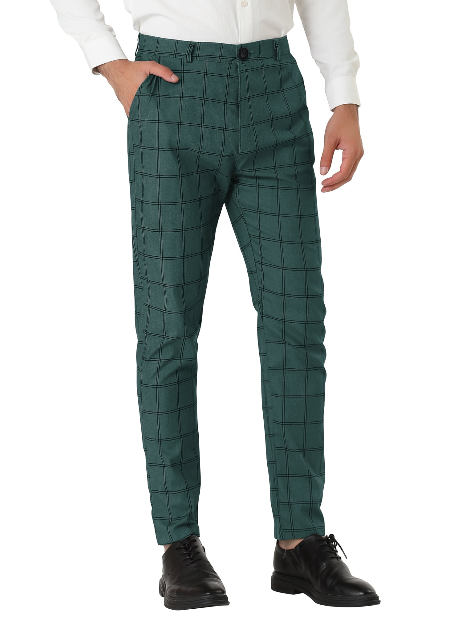 Unique Bargains Men's Slim Fit Plaid Business Pants Trousers with Pockets 32 Dark Green