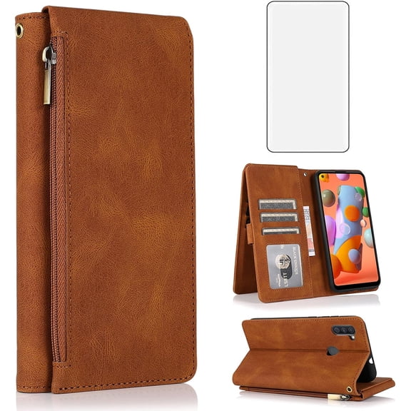 Compatible with Samsung Galaxy A11 Wallet Case and Tempered Glass Screen Protector Zipper Leather Flip Cover Card Holder Stand Cell Accessories Phone Cases for Glaxay A 11 Gaxaly 11A Women Men Brown