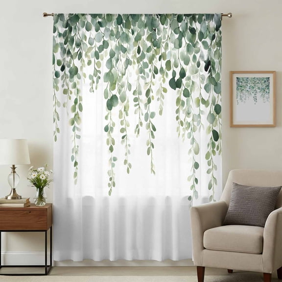 Green Eucalyptus Branches Sheer Curtains 63 Inches Long, Spring Botanical Leaves Vines Light Filering Curtains, Breathable Simi Curtain Privacy Drapes for Living Room Bedroom Window Treatment