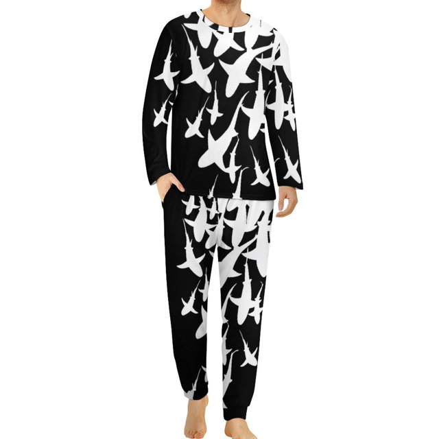 Pijama de tiburón divertido, conjunto de pijama de 2 piezas con estampado de vida marina de manga larga para hombre, ropa de dormir romántica de gran tamaño con gráficos de otoño