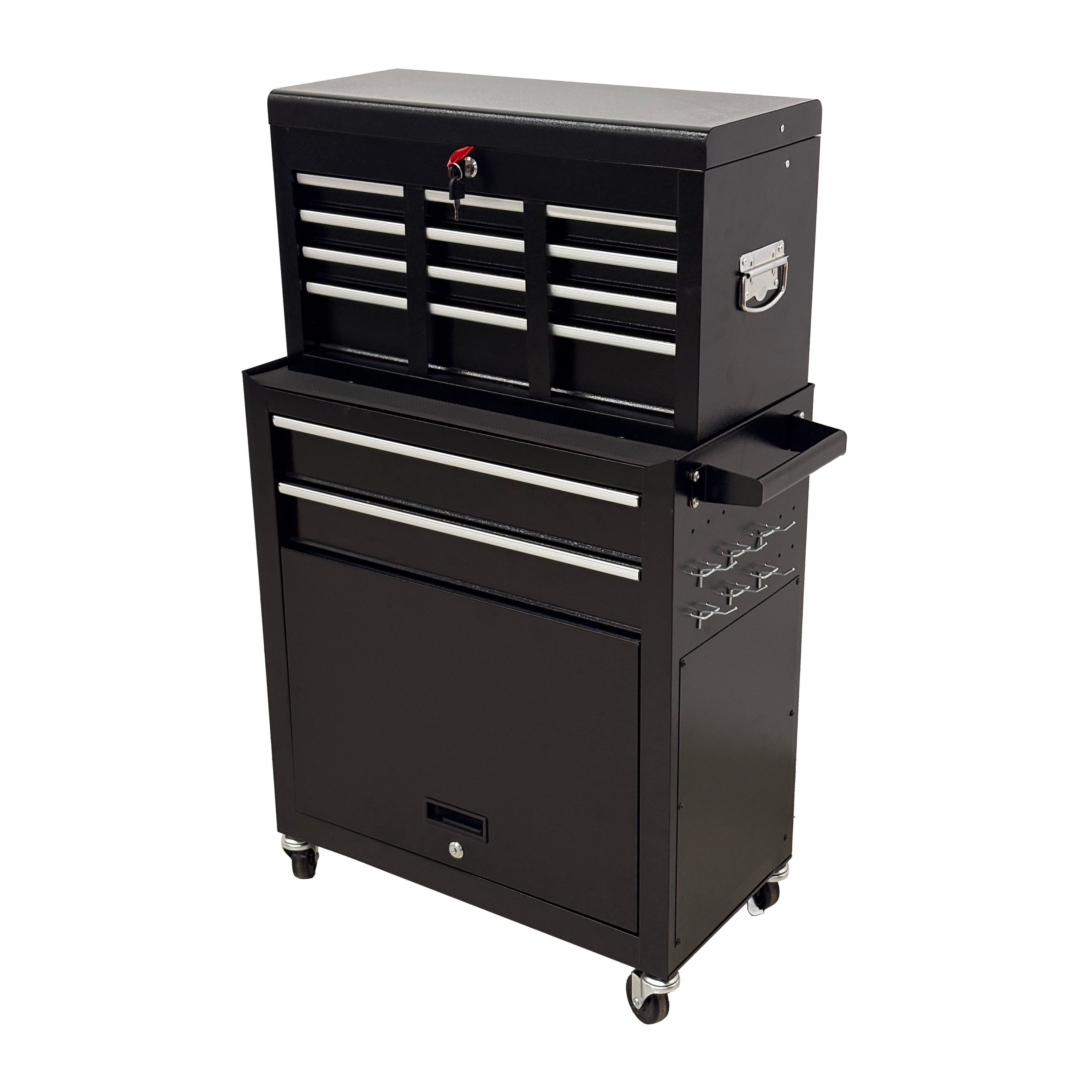 8 Drawer High‑Capacity Rolling Tool Chest, 2‑in‑1 Detachable Top Box,Metal Tool Storage Cabinet with Drawer Liners, Lockable Wheels & Side Hooks, Heavy‑Duty Tool Cart for Garage Workshop, Black