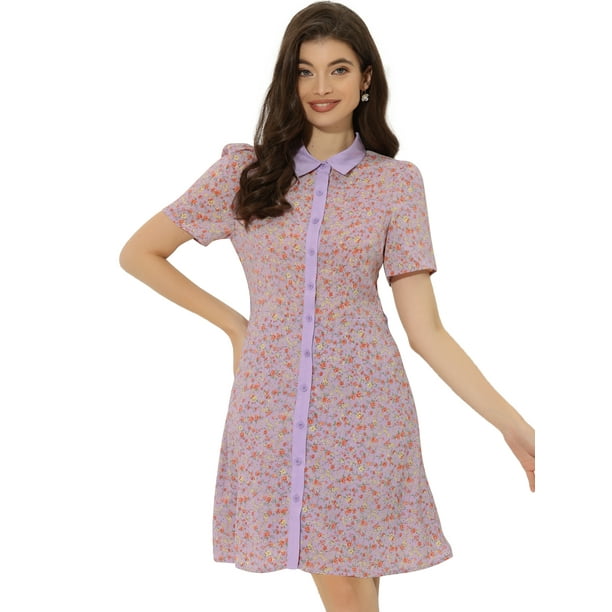 Vestido Camisero Floral Con Cinturón Y Cuello En Contraste De Manga Corta Para Mujer Púrpura S