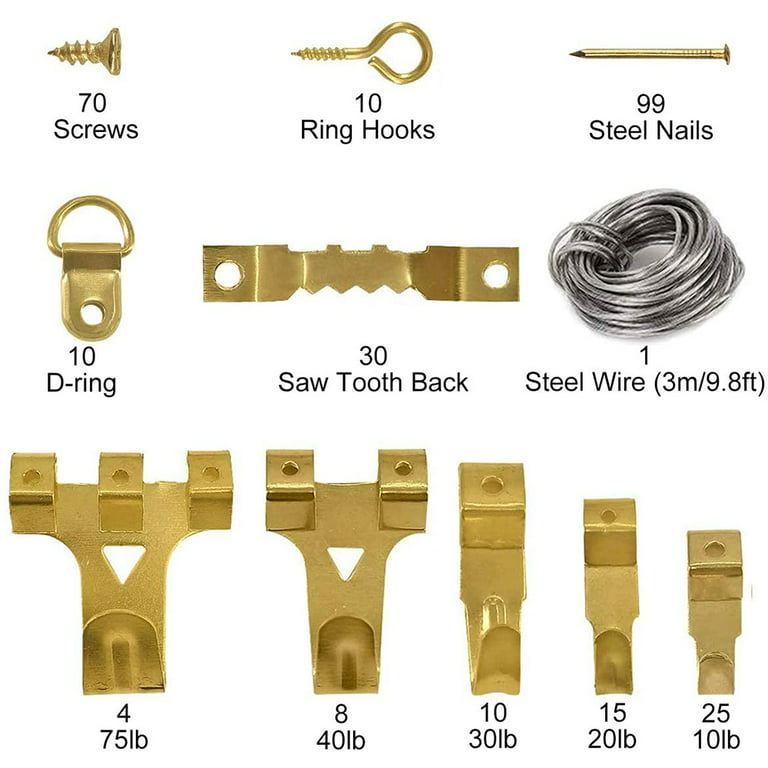 Picture Hangers, Picture Hanging Kit, 225pcs Heavy Duty Frame Hooks  Hardware with Nails, Hanging Wire, Screw Eyes, D Ring and Sawtooth for Wall  Mounting 