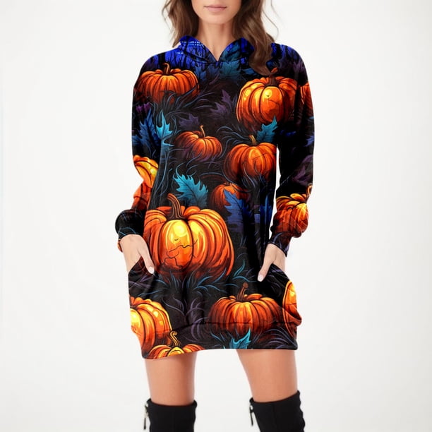 WILLBEST Vestidos de Algodon para Mujer, Vestido Cómodo para Mujer, Vestido Estampado Vintage, Sudaderas de Manga Larga, Vestidos Midi de Manga Larga con Bolsillos Mediana