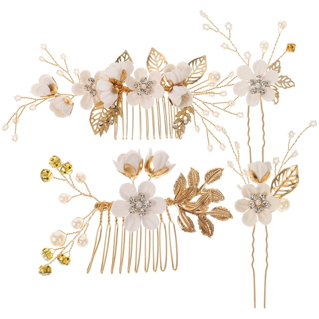 Miangastore Ensemble de 4 Peignes de Mariage Faits à la Main, Accessoires de Cheveux Floraux avec Strass (Blanc)