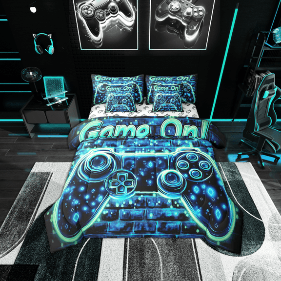 Cool Gamepad Comforter Set Bed in a Bag 7 Pieces Twin, Men Game Bedding Gamer Bedding Set,Modern Game Controller (Comforter Fitted Flat Sheet 2 Pillowcases 2 Throw Pillow Covers)