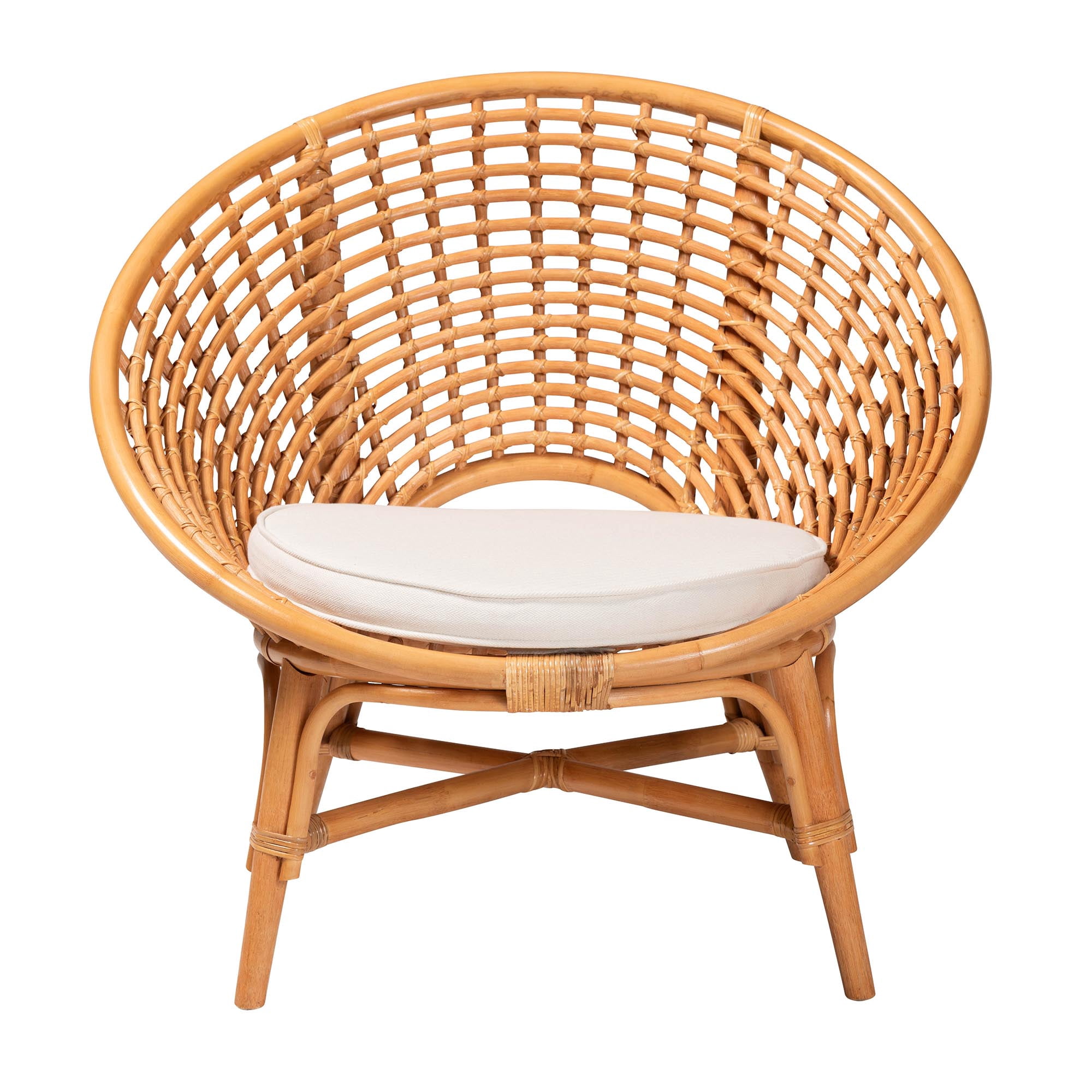 bali & pari Aerin Bohemian Natural Rattan / Fabric/Foam Solid Print Accent Chair, Light honey/White