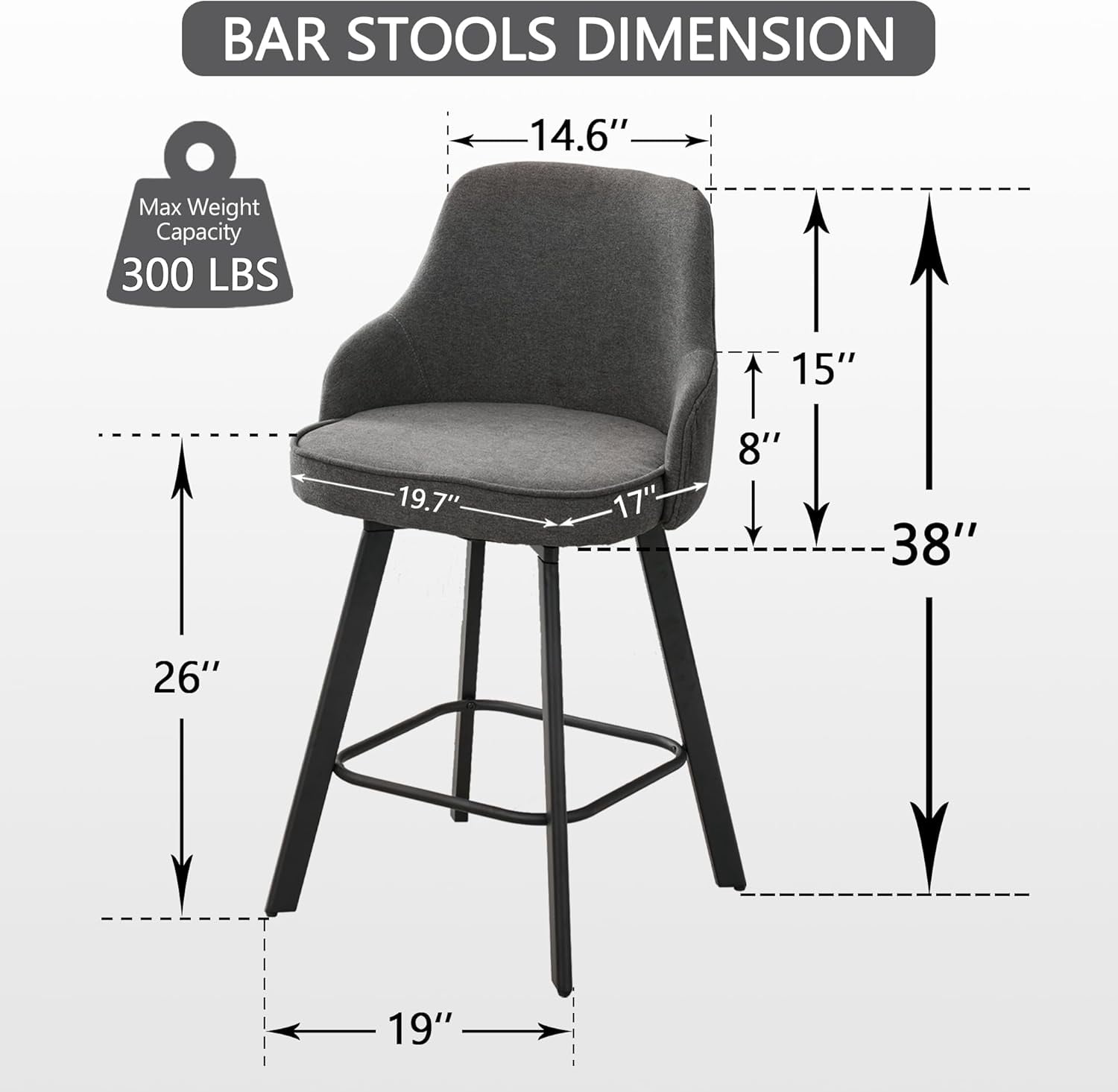 FIRAVOE Bar Stools Set of 3, 26" Swivel Barstools Counter Height Bar Stools with High Back, Linen Bar Chairs Counter Stools for Kitchen Island, Gray