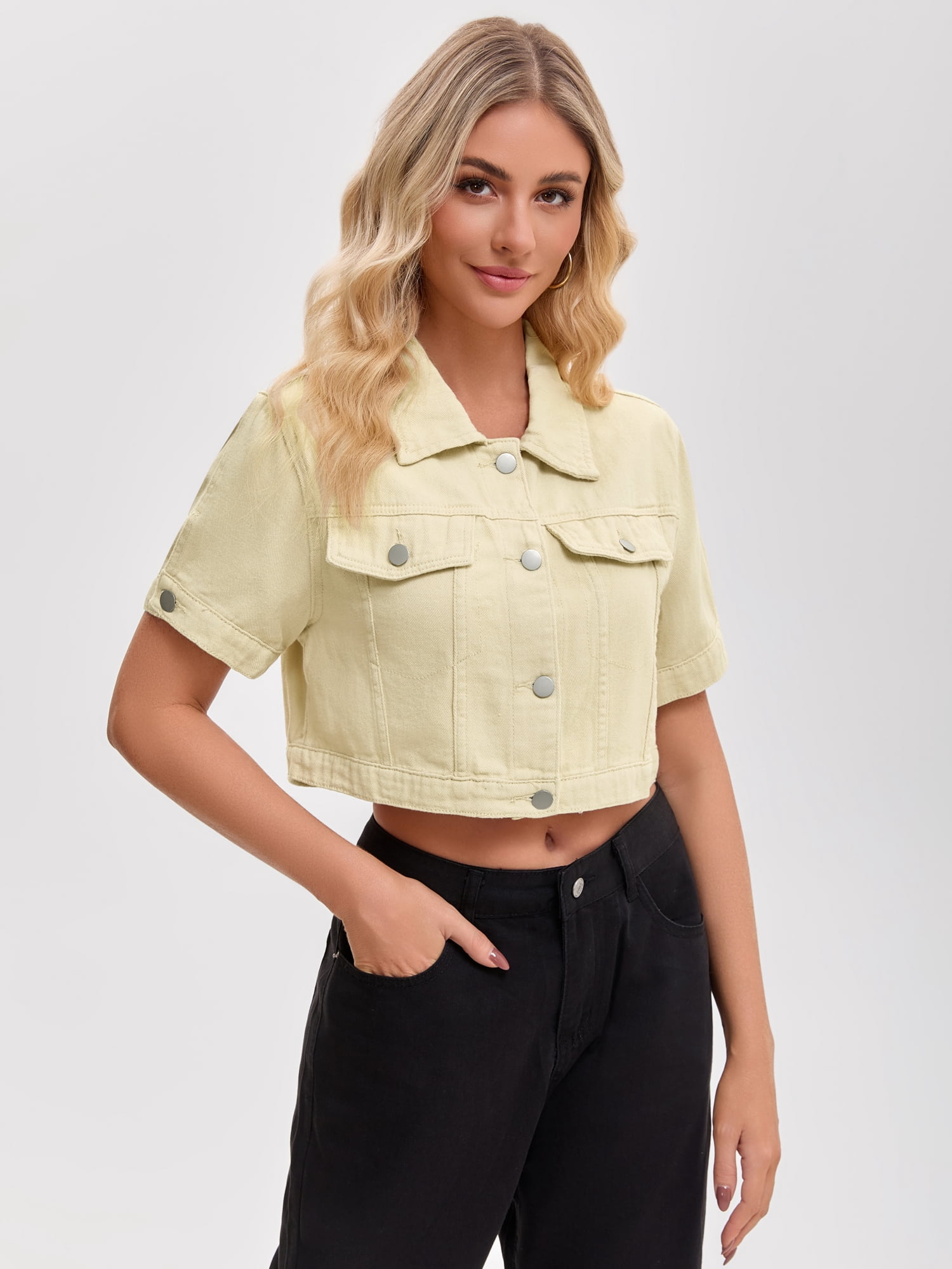 DARING DIVA Women's Short Sleeve Denim Rendy Casual Cropped Jean Jacket S Apricot