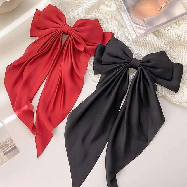 2 pinzas para el pelo con lazo para mujer, suaves y largas, con lazo grande, diademas de seda vintage con clip de resorte de metal, accesorios elegantes para el cabello