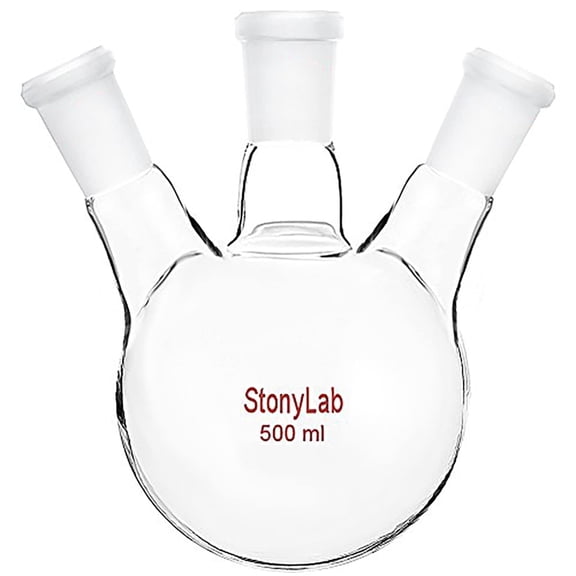 StonyLab 500ml 3‑Neck Round Bottom Flask, Borosilicate Glass 24/40 Standard Taper Joints for Lab Use