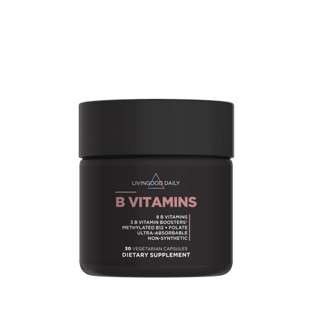 Livingood Daily Vitamin B Complex Capsules for Men and Women, Methylated B12 & Folate, 11 Active Forms Including B1 B2 B3 B5 B6 & Biotin, Gluten Free, Vegan B Vitamins for Hair Skin Nails, 30 Capsule