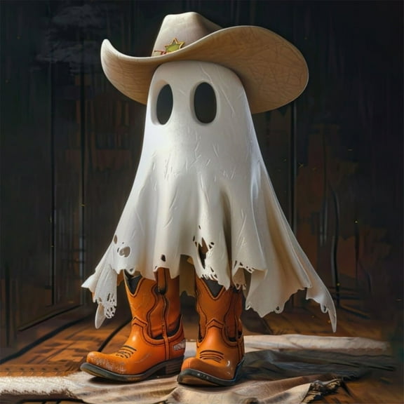 Halloween Ghost Statue with Cowboy Boot & Hat, Halloween Ghost Cowboy Ghost Cute Decor, Resin Ghost Decorations for Tabletop Halloween Decor, Halloween Ghost