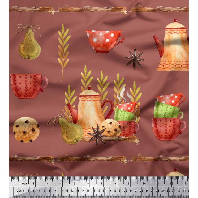 Soimoi Brown polyester Crepe Fabric Kettle & Cups Kitchen Printed Craft Fabric by the Yard 52 Inch Wide