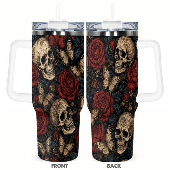 40oz Gothic Rose Skull Butterfly Travel Tumbler Insulated Car Cup with Handle Straw Stainless Steel Large Capacity Coffee Cup Dark Floral Gift