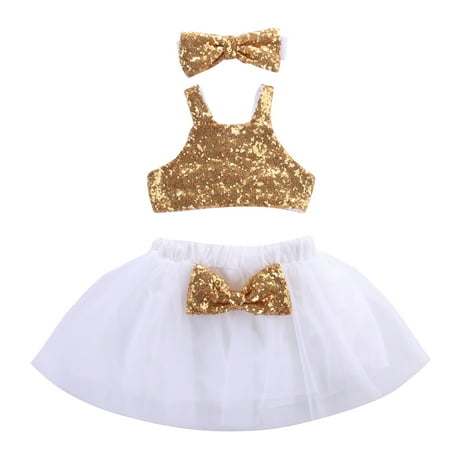 

Toddler Baby Girls Gold Sparkle Sequins Tops Tutu Skirt 3pcs Princess Outfit Set