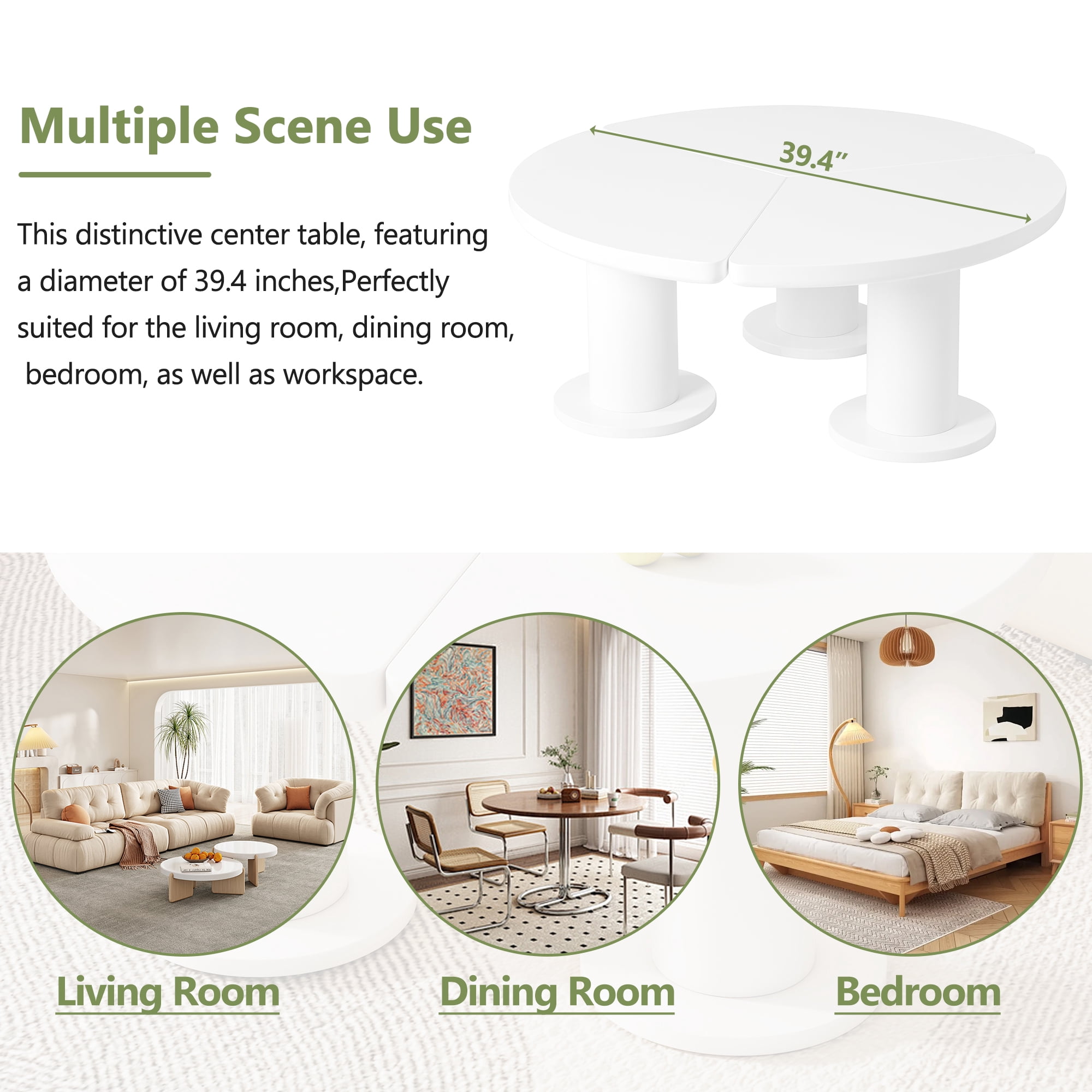 MAYEERTY Φ39.4'' Easy Assembly Round Petal-Shaped Coffee Table, Cream Style Center Table with 3 Thick Legs, Minimalist Irregular End Table with Sleek Round Edges for Living Room, White