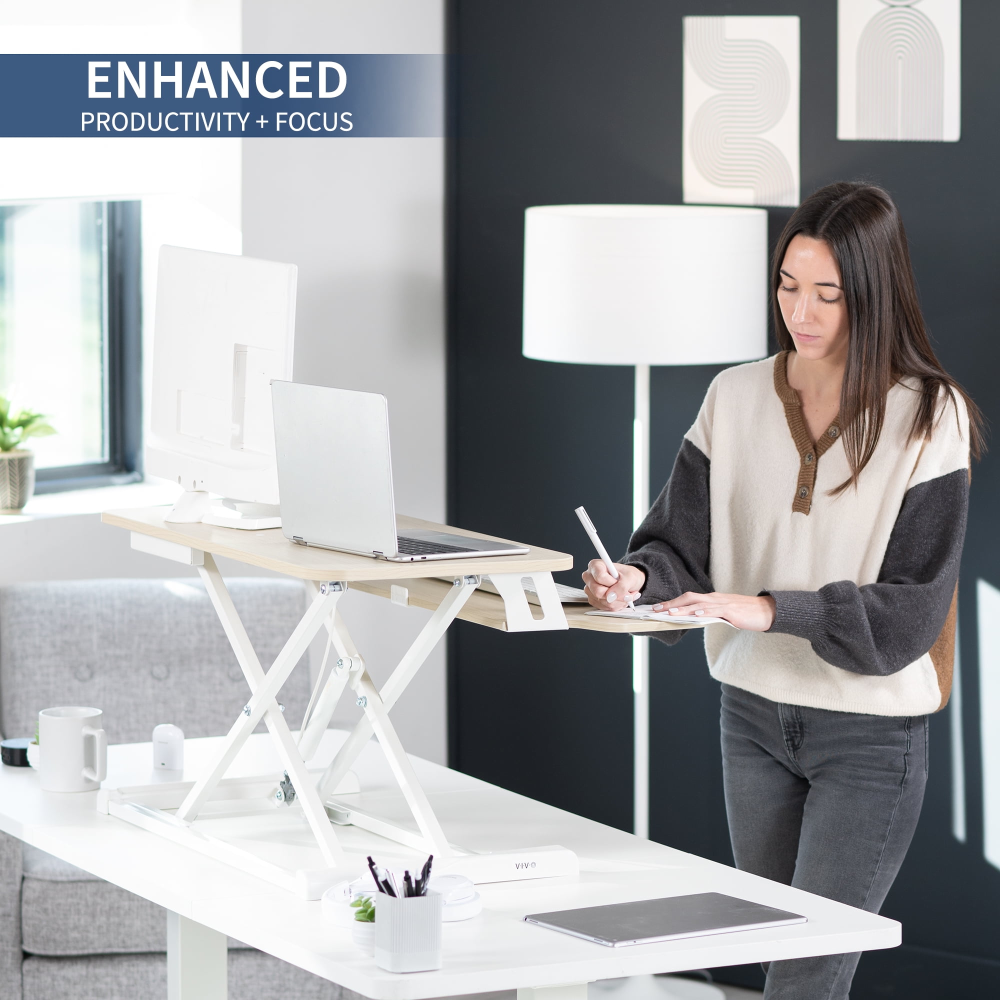 VIVO Light Wood Standing 32" Desktop Monitor Riser, White Frame