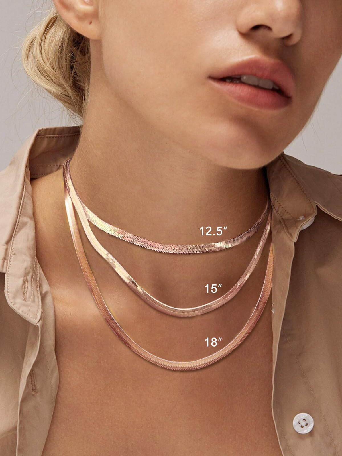 FOCALOOK Flat Snake Chain for Women Stainless Steel Rose Gold Plated Herringbone Choker Necklace Jewelry Girlfriend Birthday Christmas Valentine's Day Gifts 5MM 12 Inches