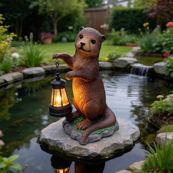 Resin Otters Lanterns Solar Powered Decorative Light, Outdoor Garden Patio Yard Atmosphere Lighting, Cute Animal Pair with Warm Glow, Weatherproof for Lawn and Pathway