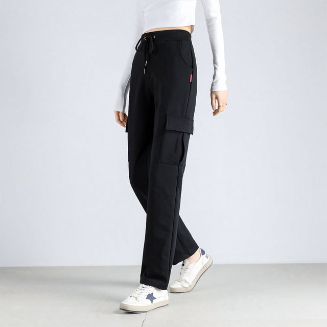 Pantalones deportivos negros ajustados de cintura alta para mujer, holgados, informales, de primavera