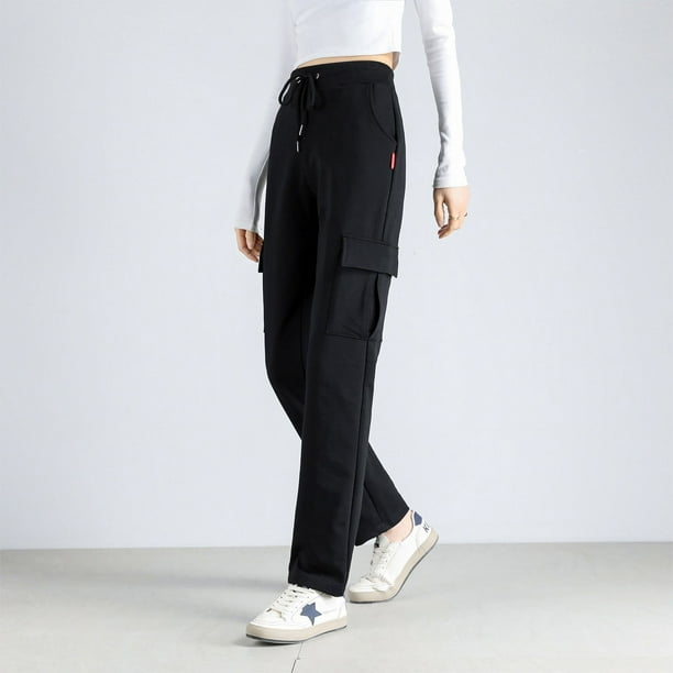 Pantalones deportivos negros ajustados de cintura alta para mujer, holgados, informales, de primavera