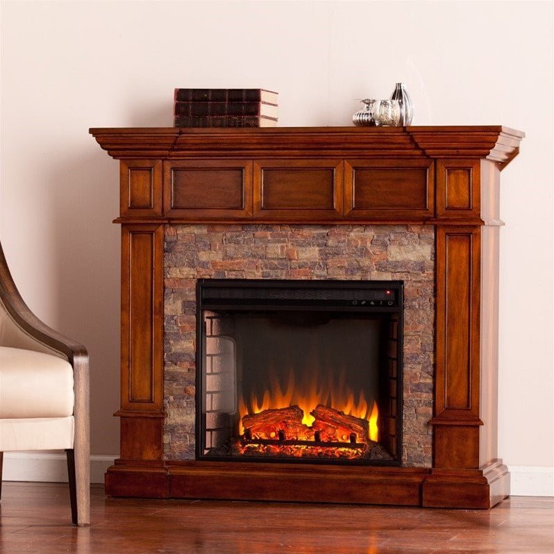 Southern Enterprises Merrimack Faux Stone Electric Fireplace In Oak