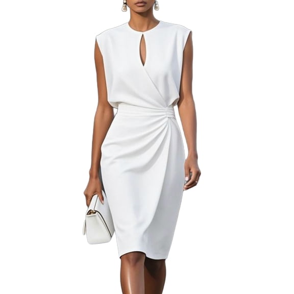YUGYXL Women Elegant Sleeveless Dress Keyhole Ruched Business Casual Midi Dress Cocktail Party Office Work Outfit White XL