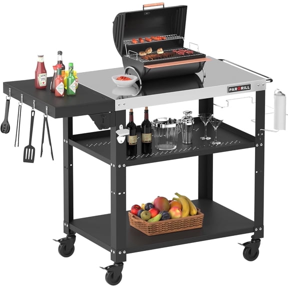 PARGRILL Three-Shelf Outdoor Grill Prep Utility Cart with Foldable Side Table, 46.6" x 20", 4 Lockable Casters，200 LBS
