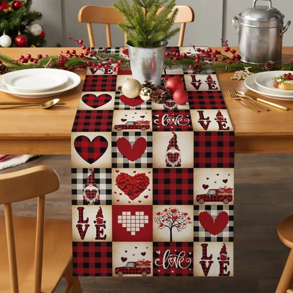 Table Runner 70 Inches Long - Valentine's Day Love Dwarf Red Buffalo Plaid Decorative Table Scarf, Tree Farm Truck Dining Table Runners for Wedding Party Kitchen Dining Tables