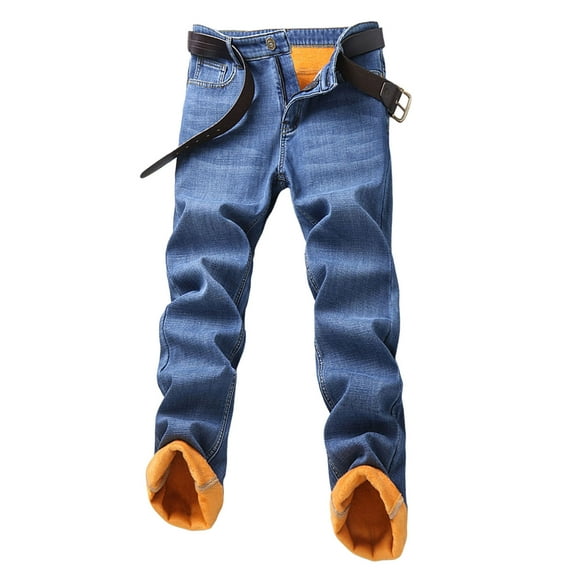 ZXLBBD Men's Fall Winter Straight Jeans Business Velvet Thickened Warm Long Trousers Casual Outdoor Loose Fit Daily Wear