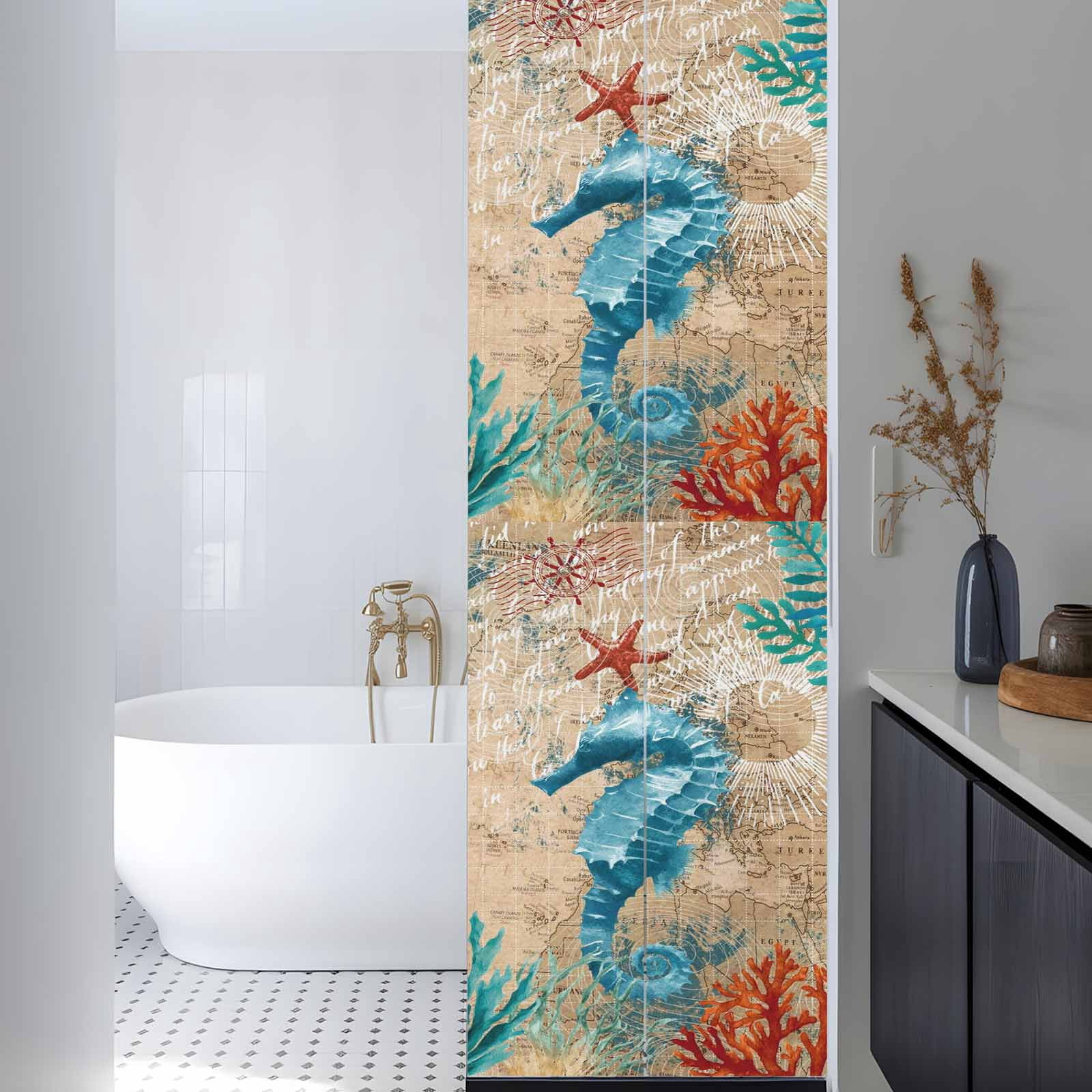 Nautical Marine Life Window Privacy Film, Hippocampus Starfish Coral Seaweed Blue Ocean Retro Frosted Glass Window Clings Static Cling UV Heat Blocking Reusable Sticker for Bedroom 23.6x78.7 Inch