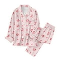 thumbnail image 3 of Women 2 Piece Pajama Set Heart Print Long Sleeves Button Down Lapel Shirt Long Pants Matching Sets Loungewear Pink L, 3 of 9