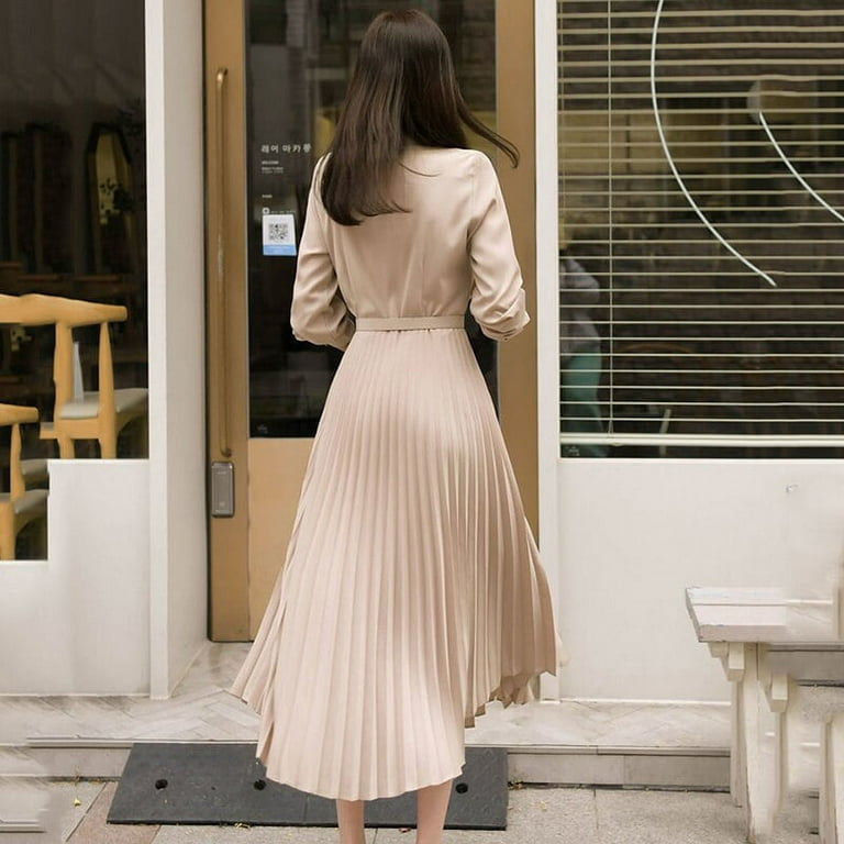 DanceeMangoo Elegant High Waist Pleated Dress Women Korean Fashion with  Belt Shirt Dresses Female Autumn Long Sleeve Midi Dress 