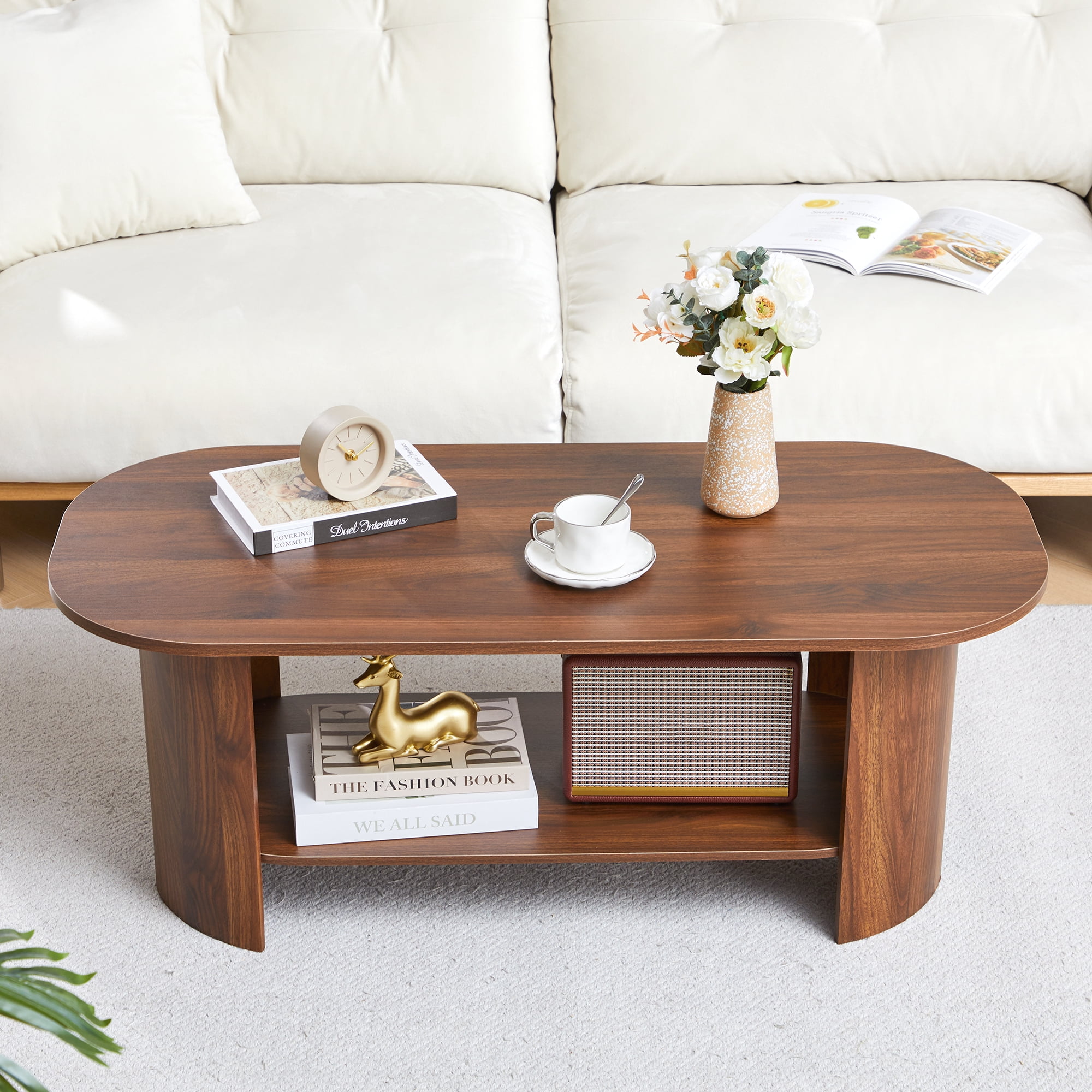Wirrytor Oval Coffee Table with Storage Shelf, 2-Tier Modern Farmhouse Wood Center Table for Living Room, Rustic Brown
